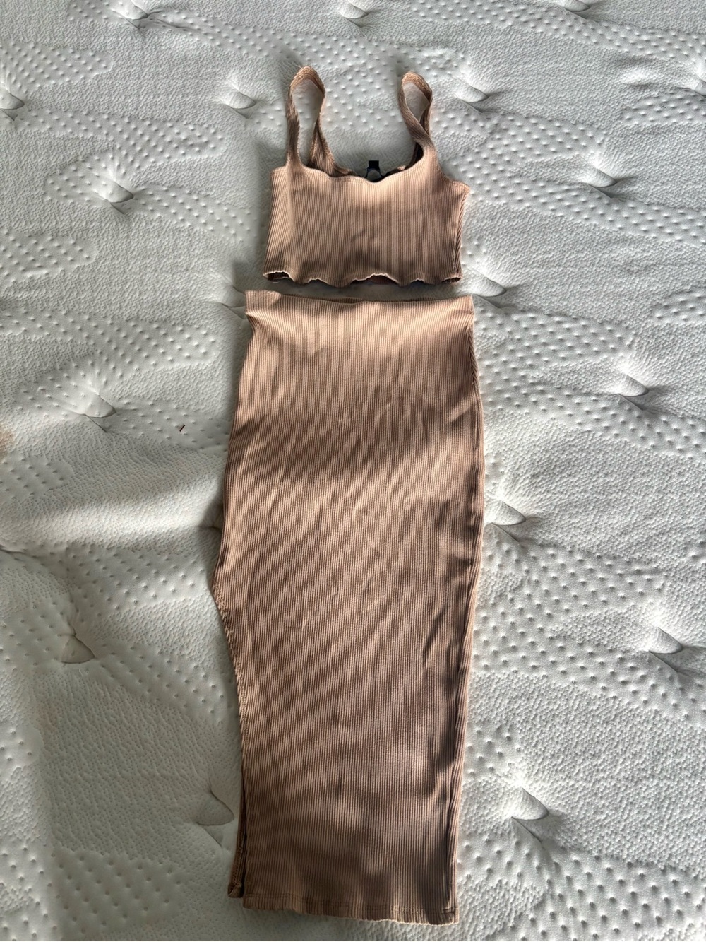 Lulu's Ribbed Two-Piece Skirt Set - Nude/Taupe